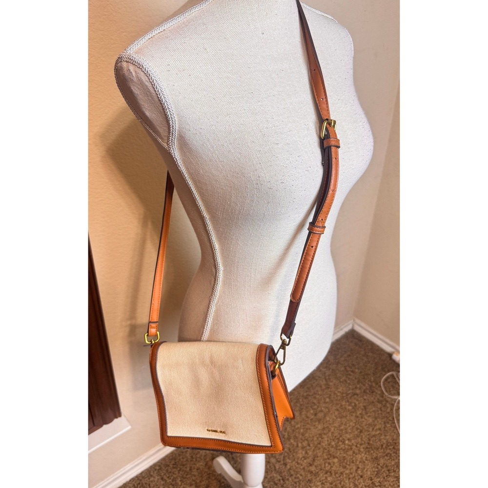 Rachel Zoe Small Crossbody Bag Leather Canvas Cream Brown Gold Turn-Lock